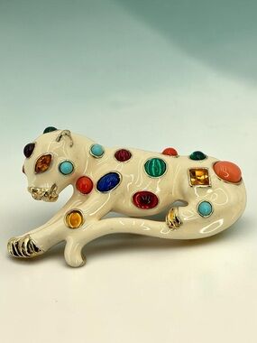 Vintage KJL Kenneth Jay Lane Enamel Jeweled Panther Leopard Brooch 2.5” w card